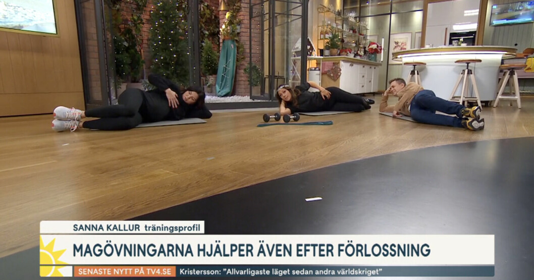 Susanna Kallur ger träningstips i Nyhetsmorgon, och Maria Forsblom och Anders Pihlblad hänger på! Den före detta friidrottaren Susanna Kallur visar upp träningsövningar för gravida i andra trimestern i Nyhetsmorgon