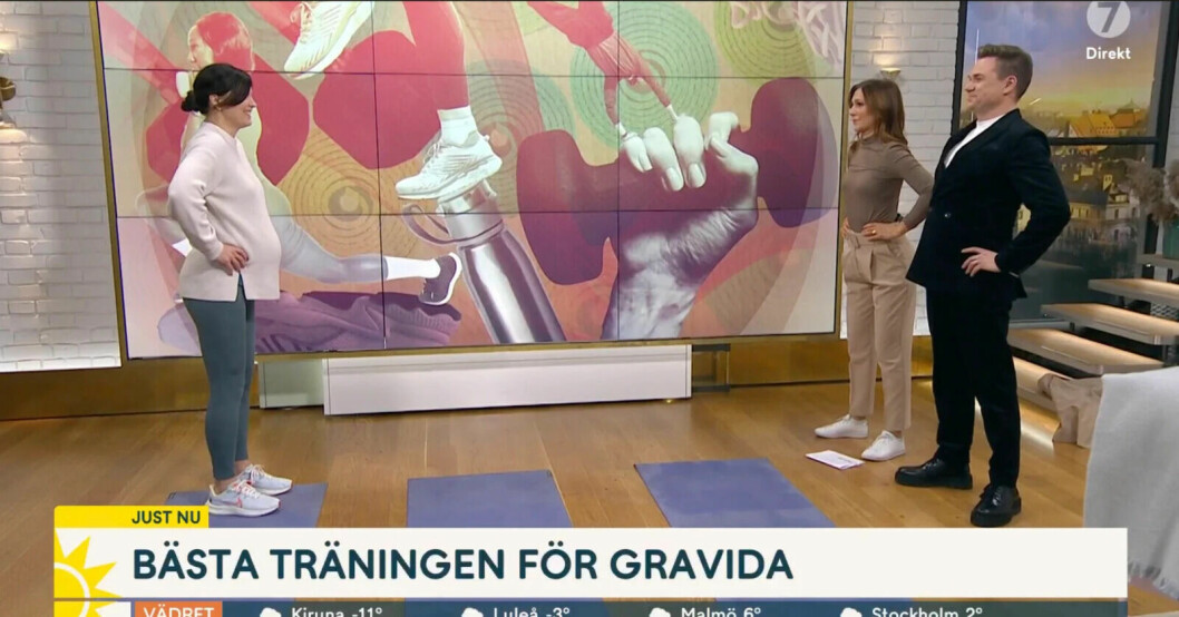 Ingen vila bara för att det är en bulle i ugnen! Susanna Kallur lär ut träningstips i Nyhetsmorgon till Maria Forsblom och Anders Pihlblad.