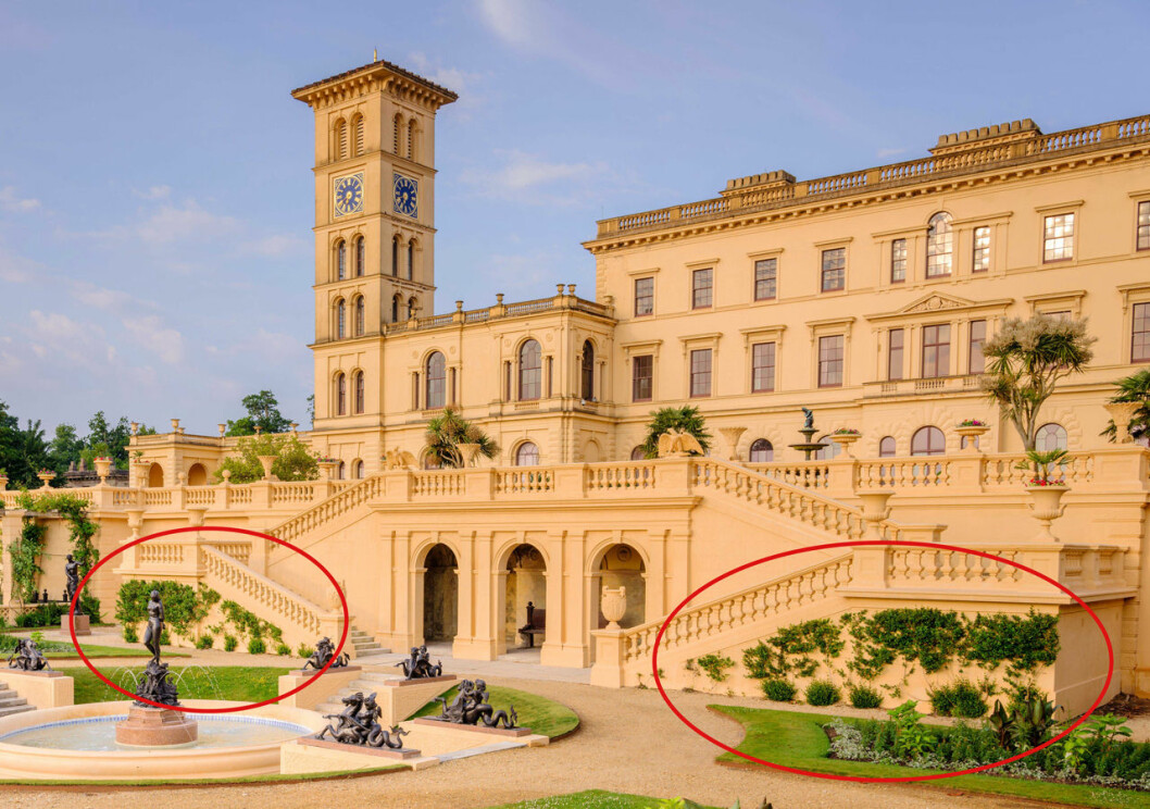 Brittiska kungafamiljens myrtenbuskar i levande livet (inringade med rött). Brittiska kungafamiljens myrtenbuskar på Osborne House på Isle of Wight.