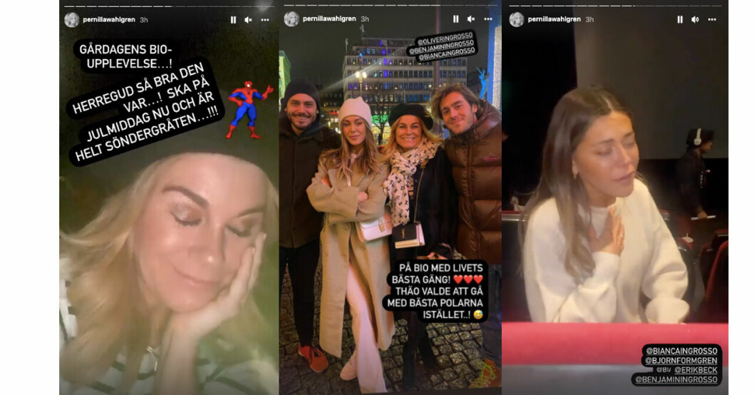 Det blev en känslosam bioupplevelse för Pernilla Wahlgren och Bianca Ingrosso. Pernilla Wahlgren, Oliver Ingrosso, Benjamin Ingrosso och Bianca Ingrosso