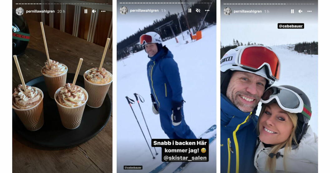 Pernilla Wahlgren och Christian Bauer på skidresa i Sälen 2021