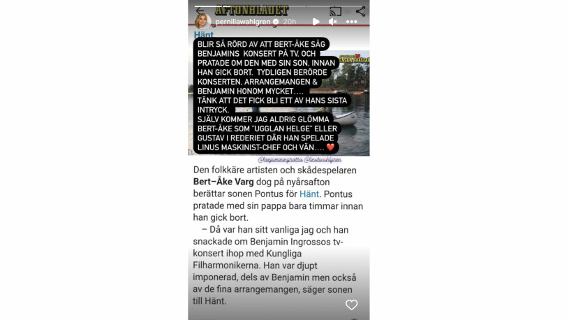 Pernilla Wahlgren kommer aldrig glömma Bert Åke Varg, som gick bort på nyårsdagen. Pernilla Wahlgren skriver om sorgen efter Bert Åke Vargs bortgång på Instagram