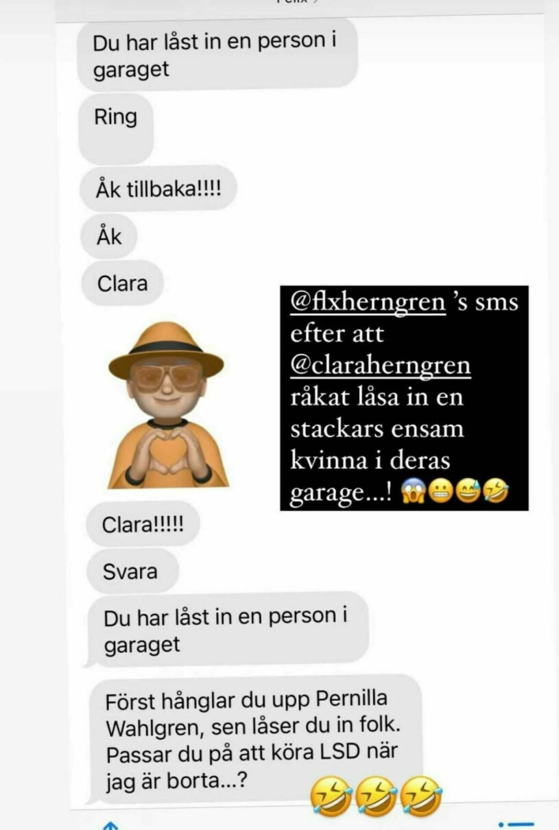 Felix Herngren verkade inte allt för glad på sin fru under hennes festkväll med Pernilla Wahlgren. Foto: Skärmdump Instagram Felix Herngrens sms till frun Pernilla Wahlgren