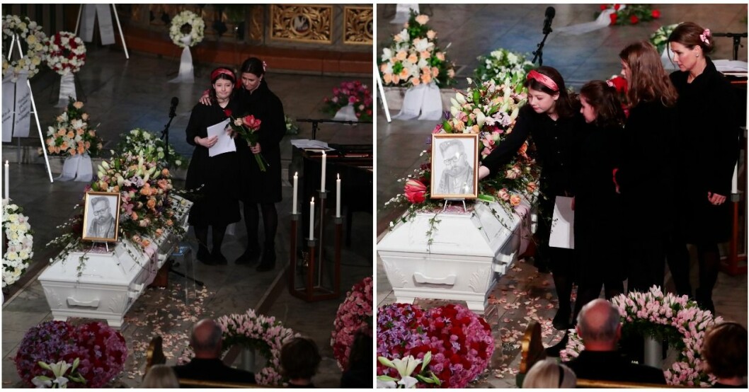 Märtha Louise tillsammans med döttrarna på Ari Behns begravning.
