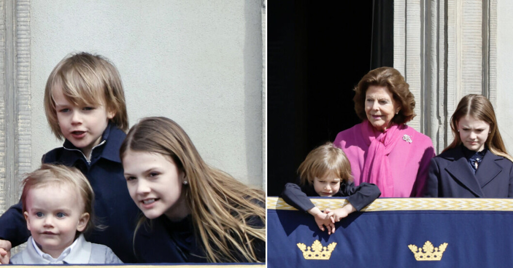 Kusinerna kikar på folkmassan - det är många som tagit sig ut för att fira kungen. Prins Gabriel
