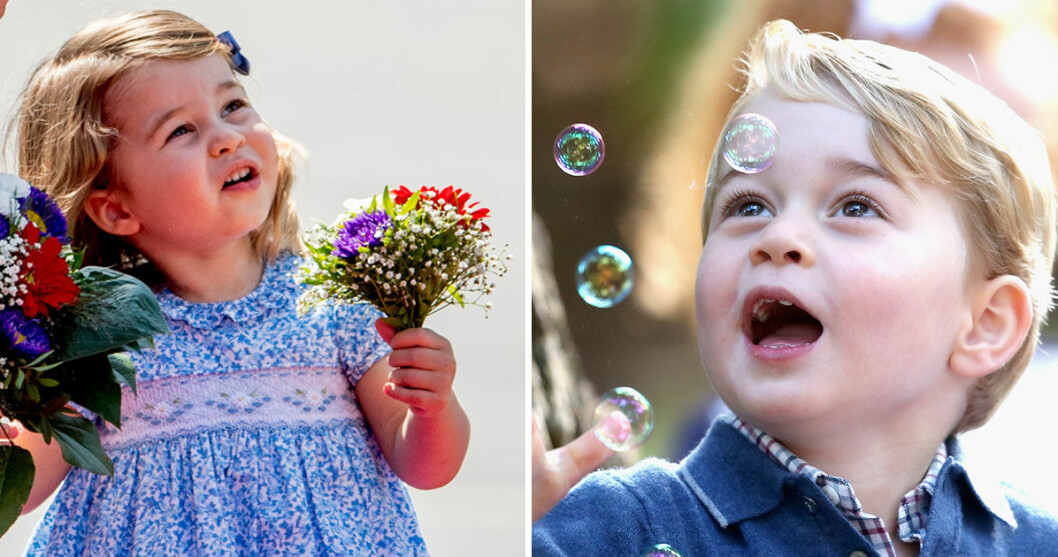 Prinsessan Charlotte med en blombukett i handen och prins George som blåser bubblor. 