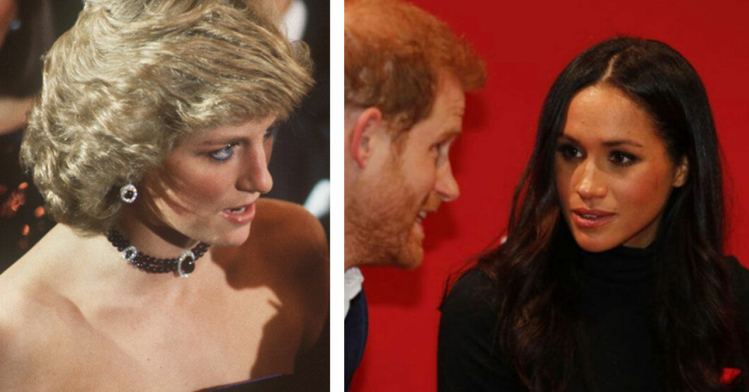 Prinsessan Diana, prins Harry och Meghan Markle.