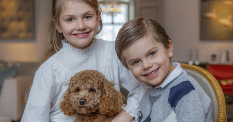 Prinsessan Estelle med prins Oscar och hunden Rio. Prinsessan Estelle, prins Oscar och Rio