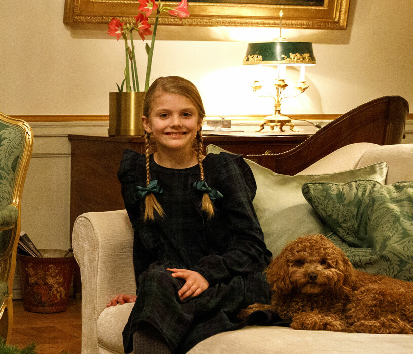 Den inte så ergonomiska skrivbordsstolen skymtar bakom prinsessan Estelle. Prinsessan Estelle Hunden Rio Cavapoo Haga slott