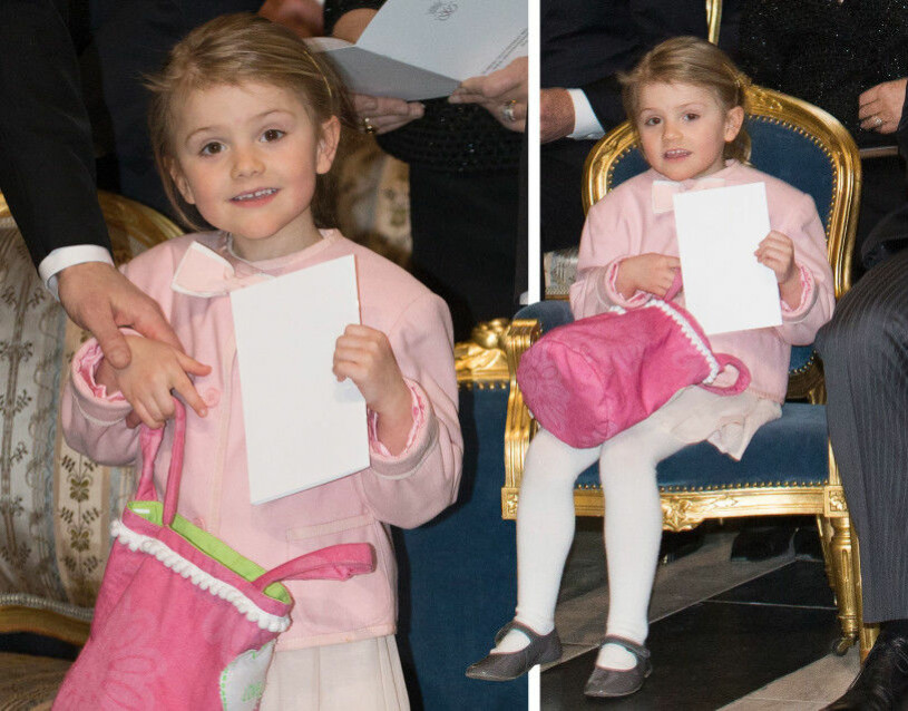 Estelle har haft handväska sedan hon var fyra! Prinsessan Estelle med en rosa handväska