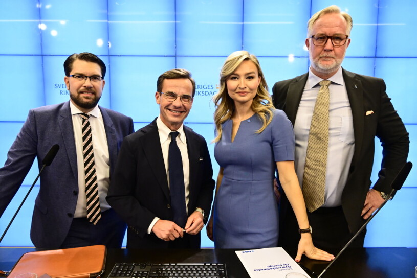 Presentutdelningen möttes inte av det kanske förväntade jublet. Jimmie Åkesson, statsminister Ulf Kristersson, vice-statsminister Ebba Busch och Johan Pehrson