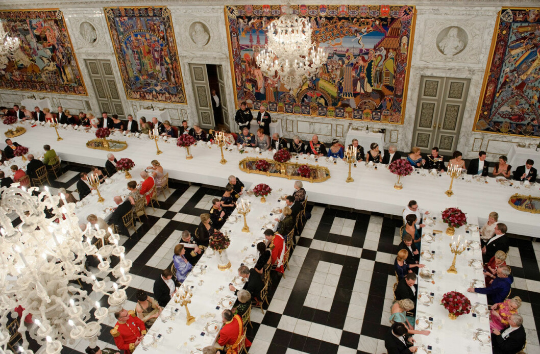 Riddarsalen är slottets festsal och i vanliga fall platsen för banketter och stora mottagningar. Riddarsalen på Christiansborgs slott.