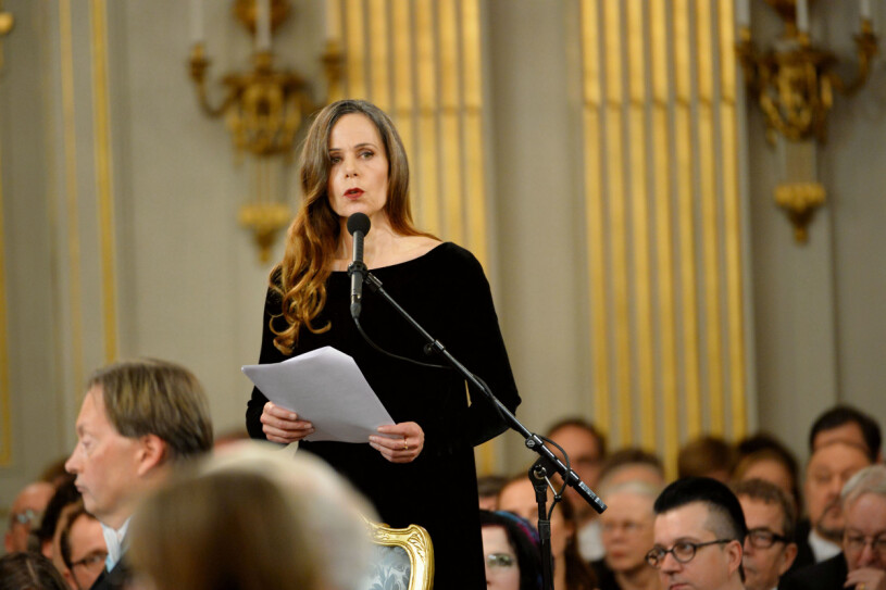 Sara Danius tar plats i Svenska Akademien under den traditionella högtidssammankomsten i Börshuset i Stockholm på fredagen.