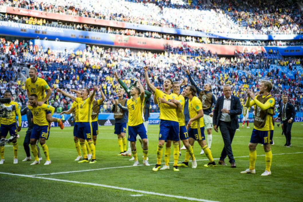 Efter fotbolls VM i Ryssland blir det givetvis en krönika där tittarna kan återuppleva sommarens drama och de svenska framgångarna. Här efter segern mot Scweiz. Foto: IBL VM-krönikan SVT