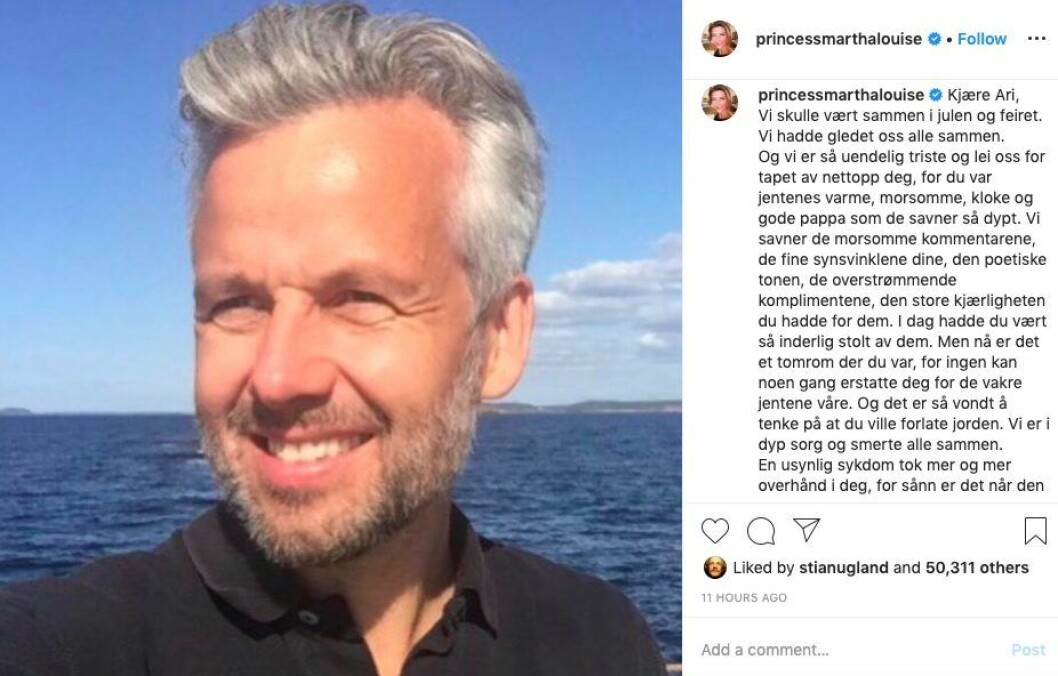 En bild från en lyckligare tid: Märtha Louises Instagram-inlägg efter Aris död. Märtha Louise skriver på Instagram om sorgen efter Ari Behn.