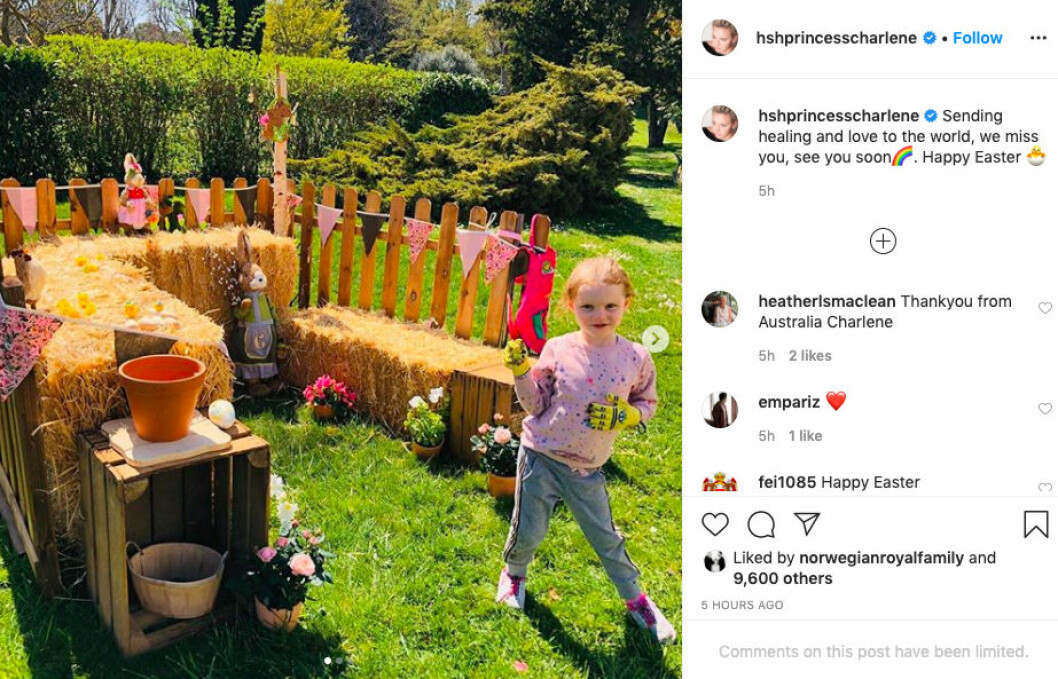 Charlene skickade en påskhälsning via Instagram. Charlene skickade en påskhälsning via Instagram.