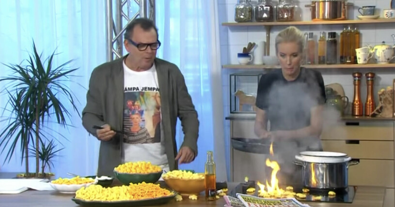 "Kämpa Jempa" står det på Steffos tröja. Ett passande budskap när Jennys försök att steka ostbågar gick lite väl hett till. Steffo Törnquist och Jenny Strömstedt