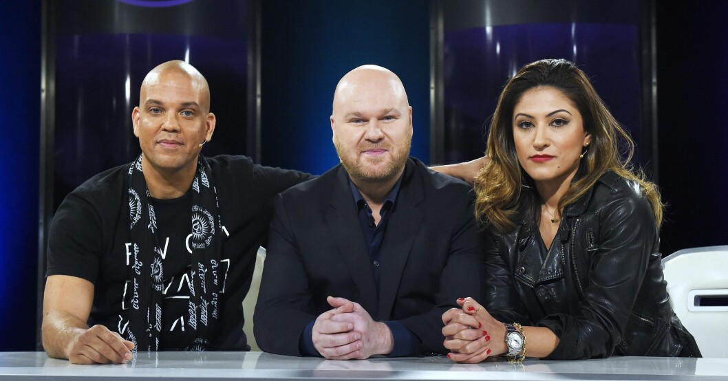 Den kortlivade <span class=" italic" data-lab-italic_desktop="italic">Idol</span>-juryn med Quincy Jones III, Fredrik Kempe och Nikki Amini. Quincy Jones III, Fredrik Kempe och Nikki Amini