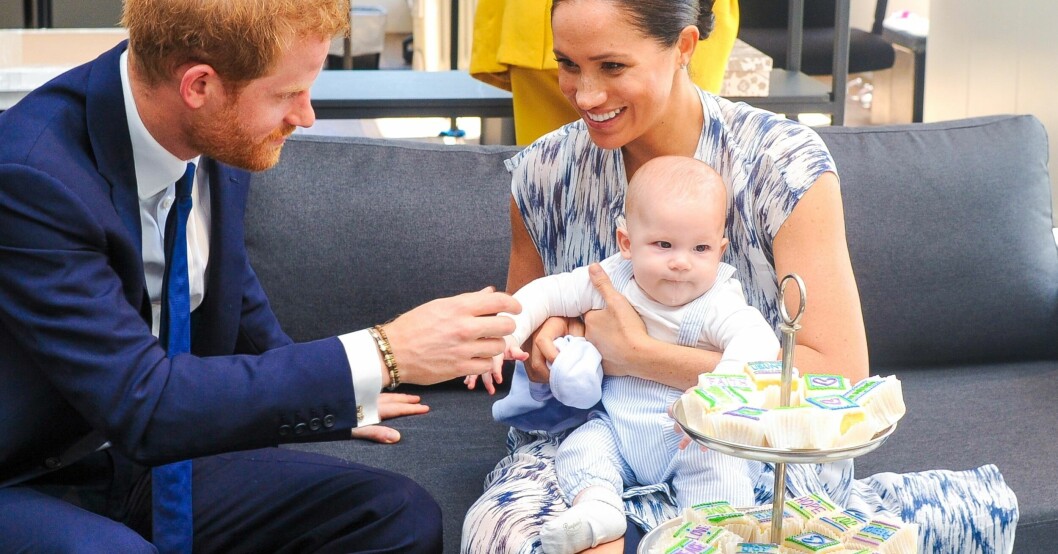 Prins Harry, hertiginnan Meghan och sonen Archie. Prins Harry, hertiginnan Meghan och sonen Archie