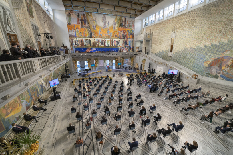 Oslo rådhus just nu. Nobels fredspris 2021 Oslo rådhus