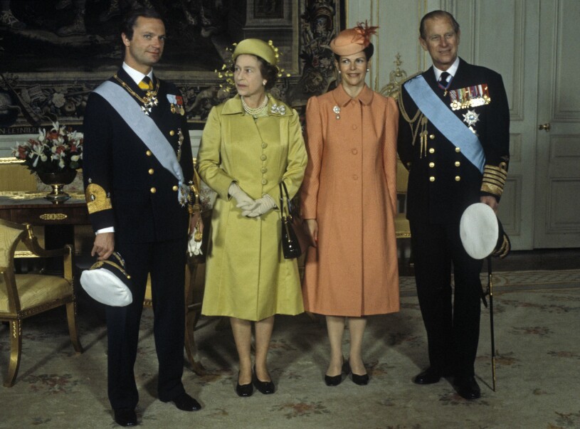Drottning Elizabeth och prins Philip på besök hos kung Carl Gustaf och drottning Silvia i Stockholm 1983. Drottning Elizabeth och prins Philip på besök i Sverige, här hos svenska kungafamiljen i Stockholm 1983.