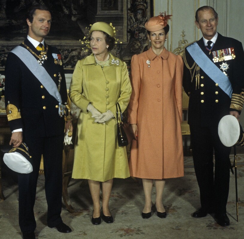 Drottning Elizabeth och prins Philip på besök hos svenska kungafamiljen 1983. Kungen Drottning Elizabeth Drottning Silvia Prins Philip Statsbesök 1983