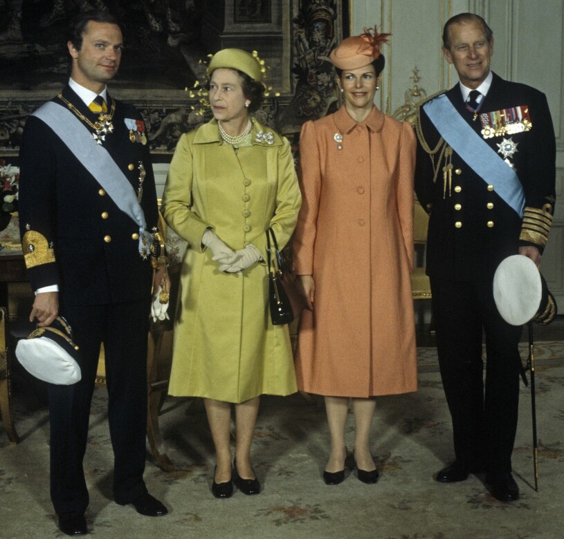 Kungen och drottning Silvia med drottning Elizabeth och prins Philip när de gästade Sverige 1983. Kungen drottning Silvia drottning Elizabeth prins Philip på statsbesök i Sverige 1983