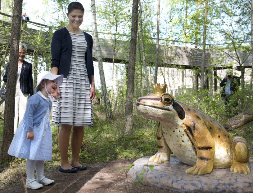 Estelle på sitt första kungliga uppdrag 2014! Prinsessan Estelle och kronprinsessan Victoria tittar på en groda då prinsessan inviger sin sagostig vid Naturum Tåkern på lördagen. Prinsessan Estelle är hertiginna av Östergötland och besökte på lördagen sitt landskap för första gången.