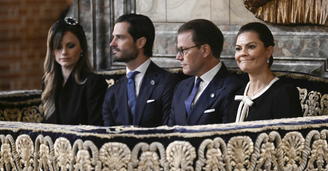 Prinsessan Sofia, prins Carl Philip, prins Daniel och kronprinsessan Victoria vid gudstjänsten i Storkyrkan som inleder Riksmötets öppnande.