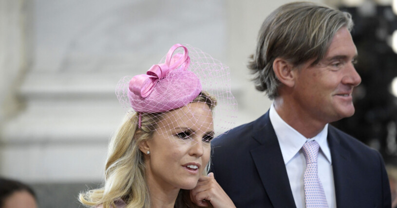 Sofi Fahrman med maken Filip Engelbert på prinsessan Adriennes dop 2018. Sofi Fahrman och Filip Engelbert
