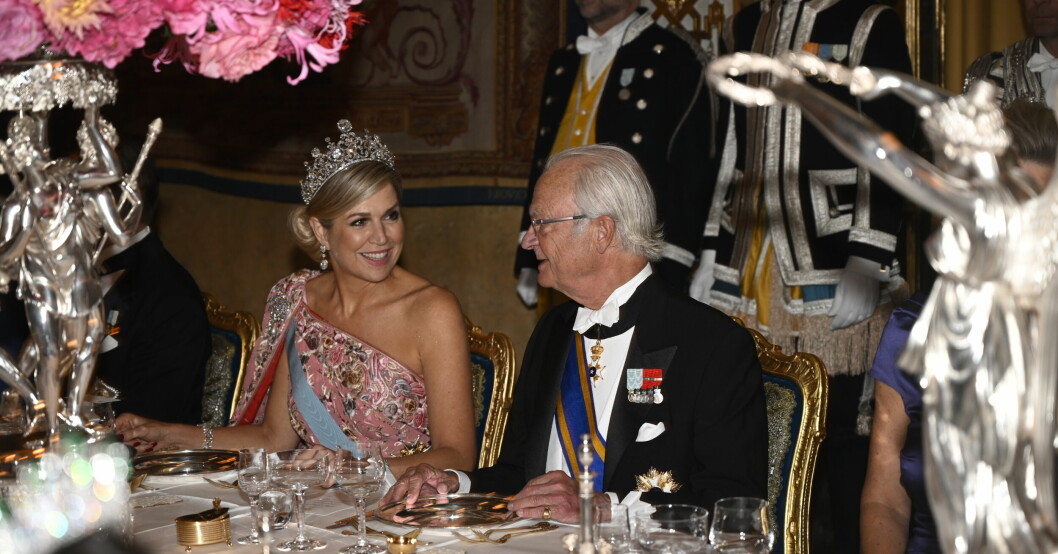 Drottning Maxima och kung Carl Gustaf under galamiddagen på Kungliga slottet. Kungen och drottning Maxima.