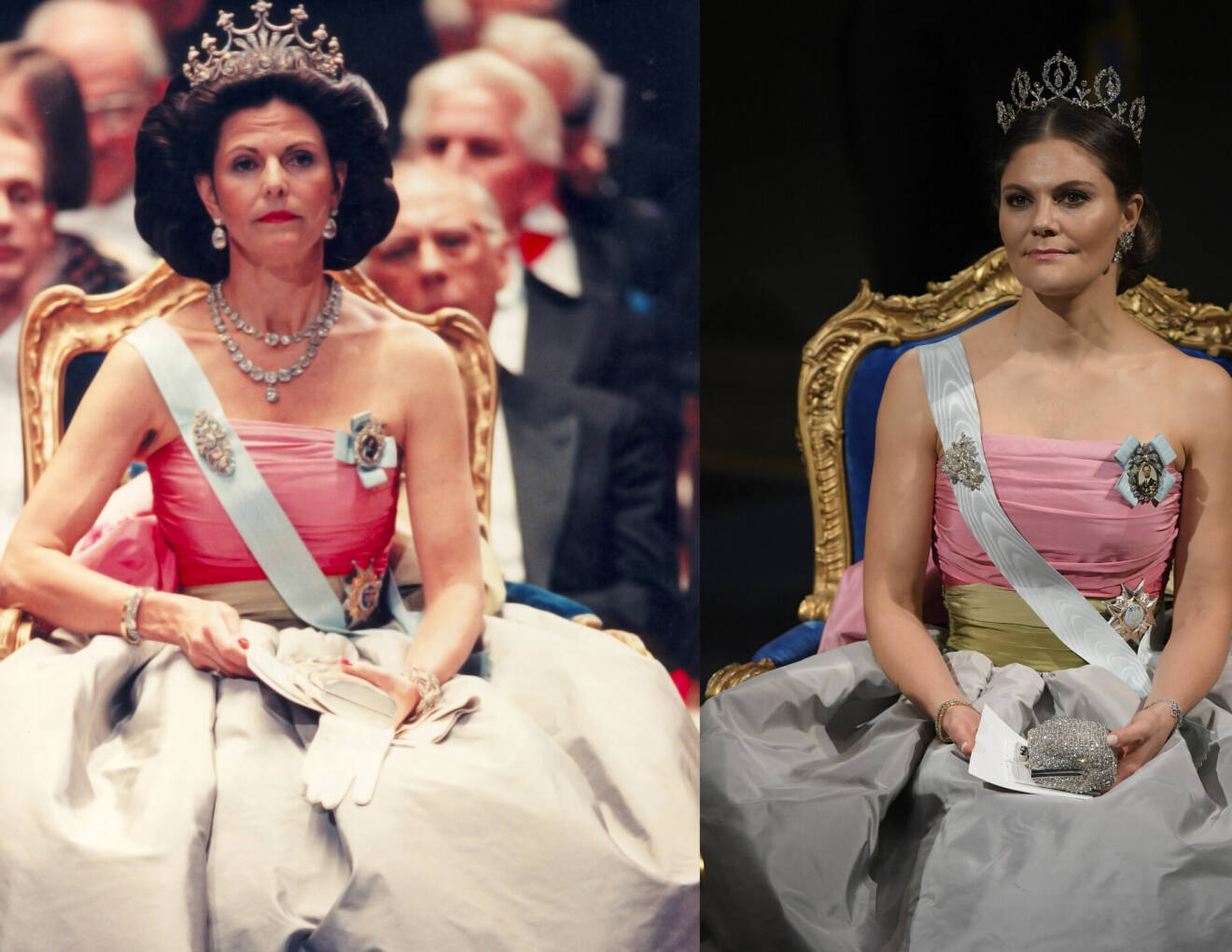Drottning Silvia och kronprinsessan Victoria i samma Nobelklänning från Nina Ricci – 1995 och 2018