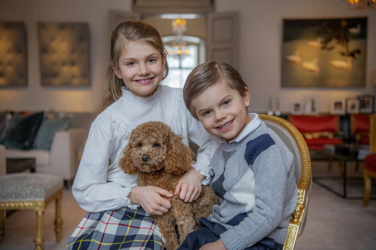 Prinsessan Estelle och Prins Oscar fotograferade tillsammans med Kronprinsessfamiljens hund Rio på Haga slott inför Prinsessans 9-årsdag den 23 februari 2021