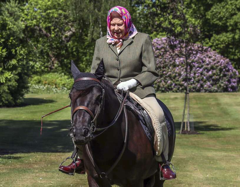 Drottningen under en av sina ridturer på Windsor Castle under pandemin. Till synes säker i sadeln, men utan hjälm. Drottning Elizabeth till häst Windsor Pandemin