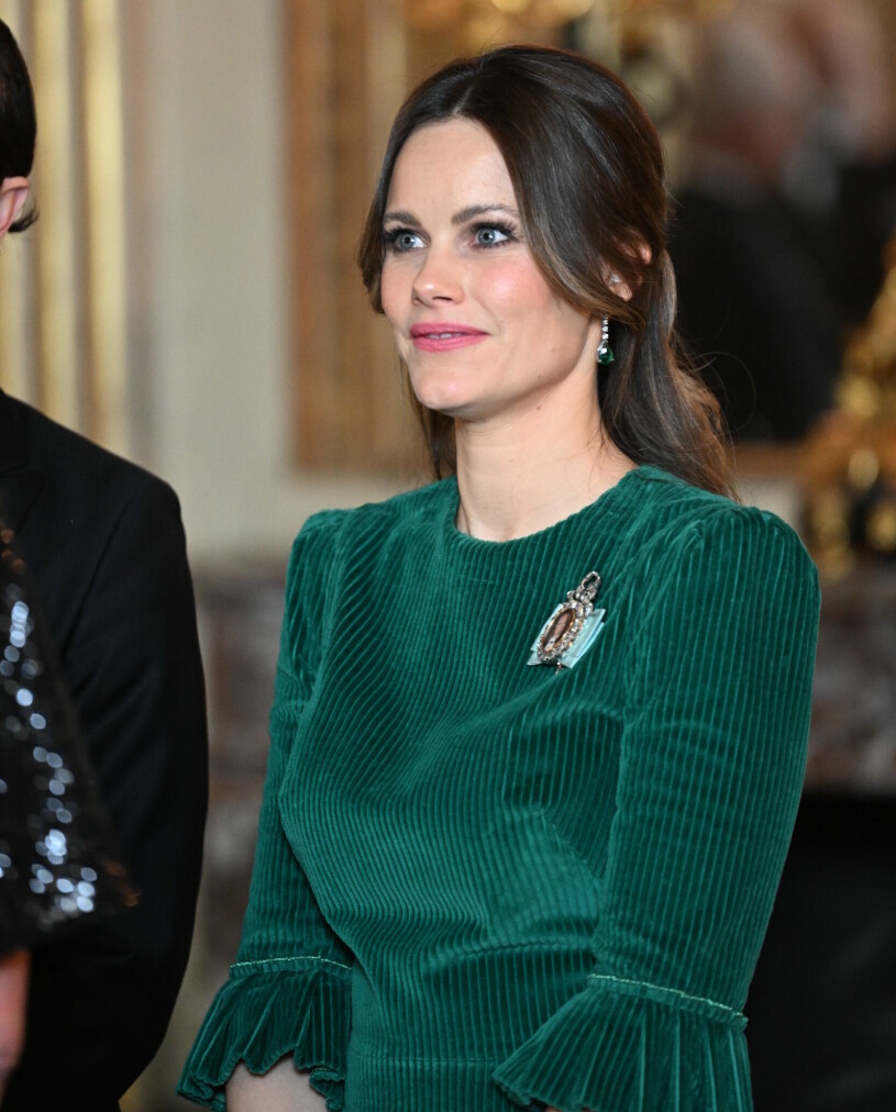 Prinsessan Sofia klädd till smokingfest. Prinsessan Sofias gröna klänning från Vampire’s Wife – på kungamiddag 2022