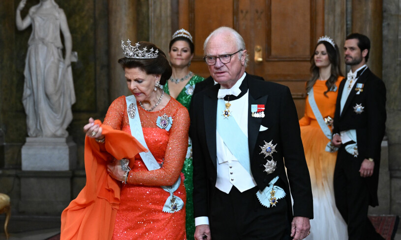 Drottning Silvia ser ut att ha vissa problem med chiffonsläpet i samband med ankomsten till Kungliga slottet. Drottning Silvia och kung Carl Gustaf