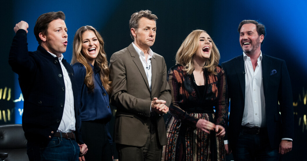 Prinsessan Madeleine och Chris O'Neill i Skavlan tillsammans med Jamie Oliver, Fredrik Skavlan och Adele.