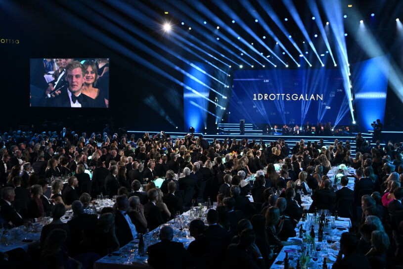 Det var en fantastisk kväll i Avicii Arena. Racerföraren Marcus Ericsson på skärmen under Idrottsgalan 2023 i Avicii Arena.