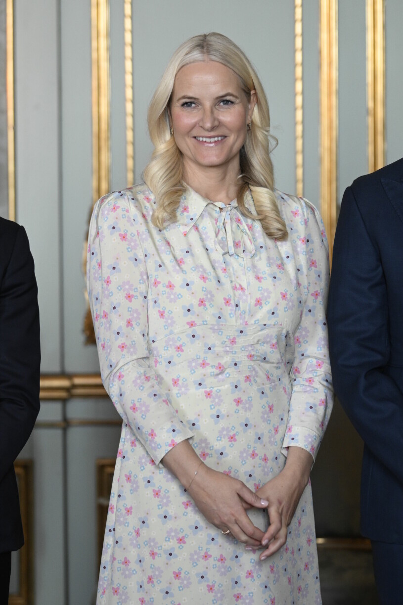 Kronprinsessan Mette-Marit strax före första skålen – vacker som en dag. Kronprinsessan Mette-Marit vid lunchen på Stockholms slott