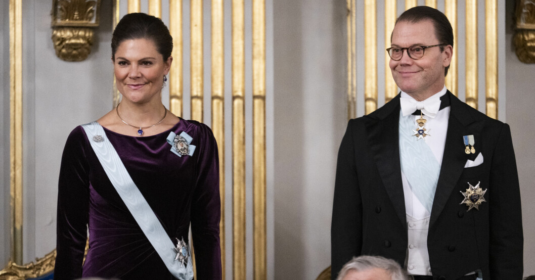 Kronprinsessan Victoria och prins Daniel under Svenska Akademiens högtidssammankomst i Börshuset i Gamla stan i Stockholm på tisdagen.