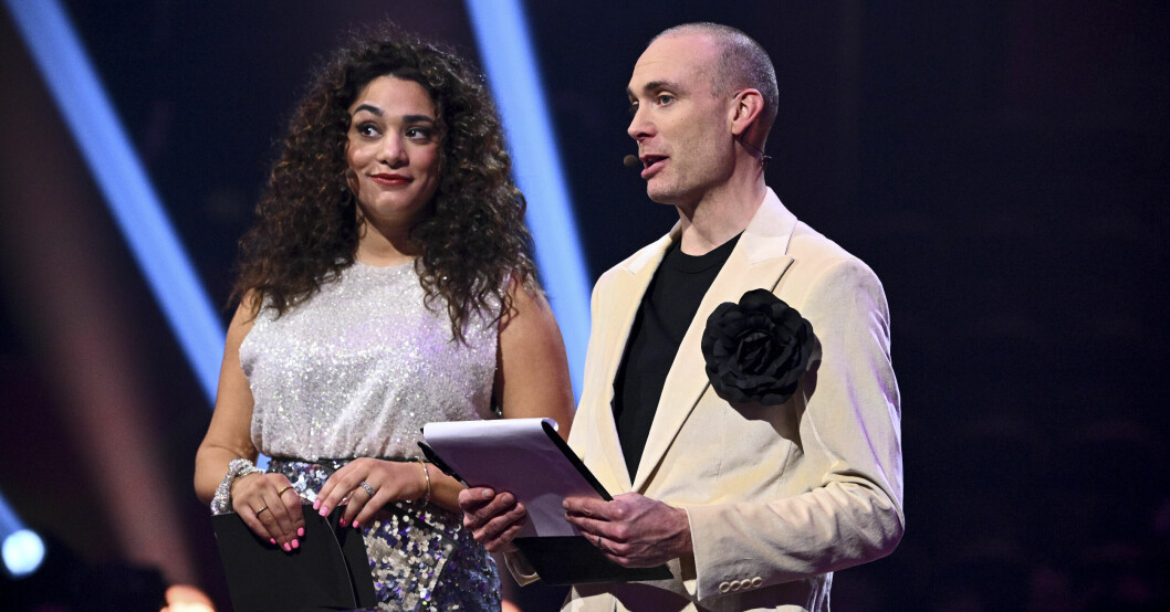Programledarna Farah Abadis och Jesper Rönndahl och under fredagens repetitioner inför Melodifestivalens semifinal i Örnsköldsvik.
