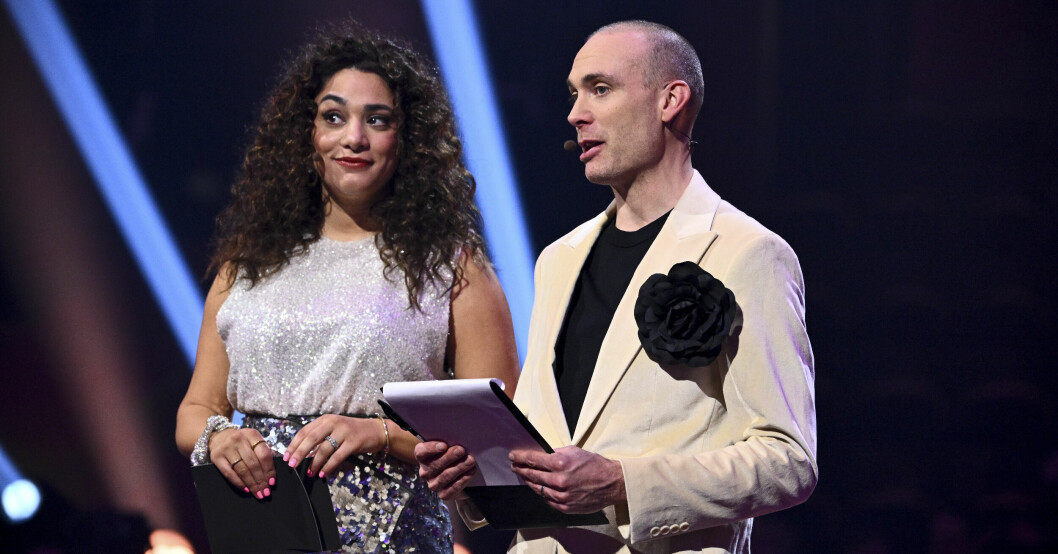 Farah och Jesper är verkligen en fantastisk duo! Programledarna Farah Abadis och Jesper Rönndahl och under fredagens repetitioner inför Melodifestivalens semifinal i Örnsköldsvik.