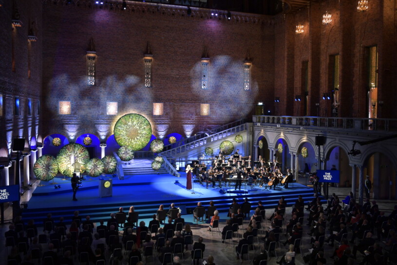 2021 års Nobelprisceremoni i Blå hallen. Nobel 2021 Nobelceremonin Blå Hallen