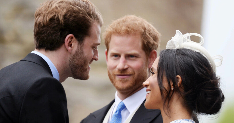 Louis Spencer hälsar på sin kusin Harry och Meghan.