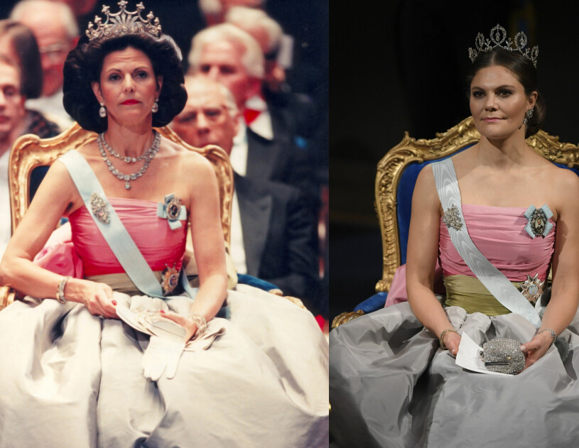 Efter 23 år i garderoben dök drottning Silvias Nobelklänning upp igen! Drottning Silvia och kronprinsessan Victoria i samma Nobelklänning från Nina Ricci – 1995 och 2018
