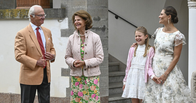 Kung Carl Gustaf, kronprinsessan Victoria, prinsessan Estelle och drottning Silva vid firandet av kronprinsessan Victorias födelsedag på Solliden, Öland 2022.