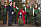 Kronprinsessan Victoria, prins Daniel och prins Oscar tar emot julgranar av Skogshögskolans studentkår på Stockholms slott.