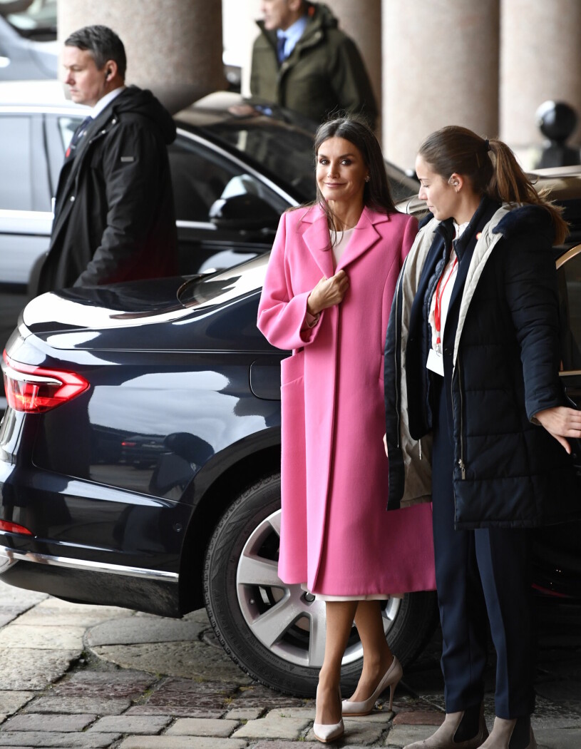 Drottning Letizia tog dock glamourpriset med sin barbierosa kappa. Drottning Letizia rosa kappa Statsbesök Stockholm
