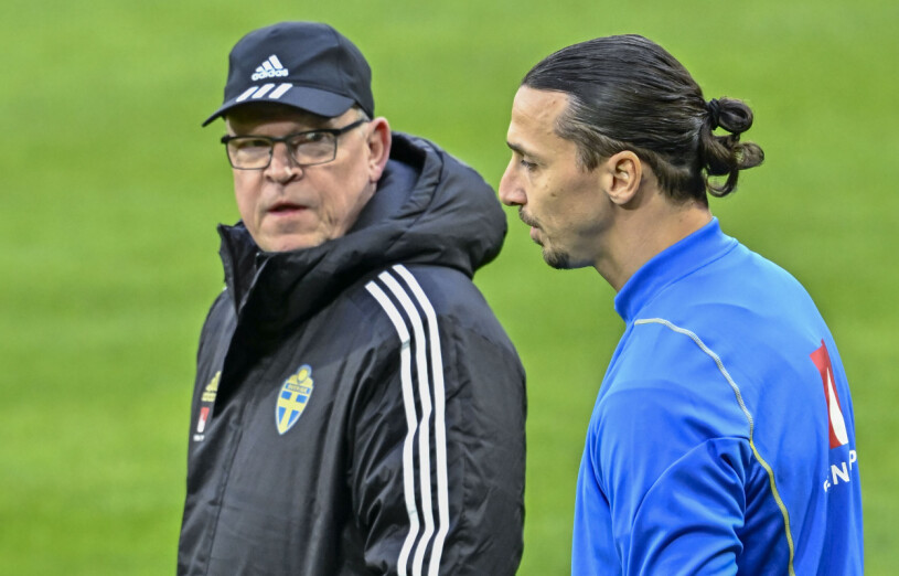 Förbundskapten Janne Andersson och Zlatan Ibrahimovic under träningen med herrlandslaget i fotboll på Friends Arena.