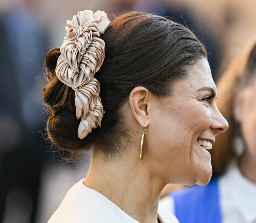 Kronprinsessan Victoria – synbart glad över att jobba med mamma igen. Kronprinsessan Victoria i en hårprydnad eller coiffe i stället för hatt